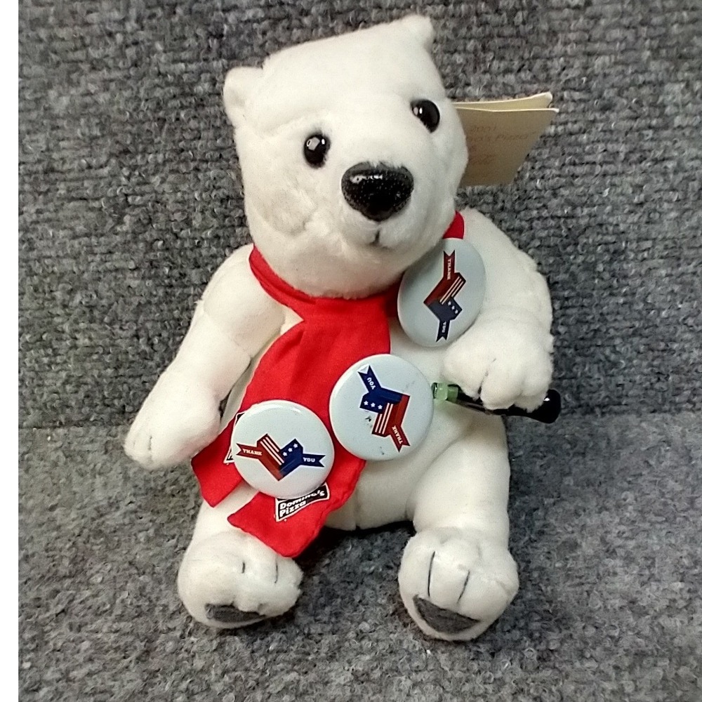 Vtg. Coca-Cola Polar Bear Plush Small White Domino's Pizza 2001 Scarf Buttons